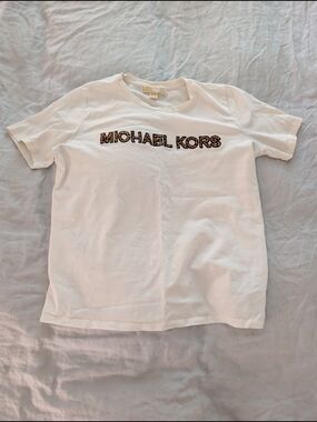 MICHAEL Michael Kors White Leopard Animal Print Logo Graphic Tee Shirt M